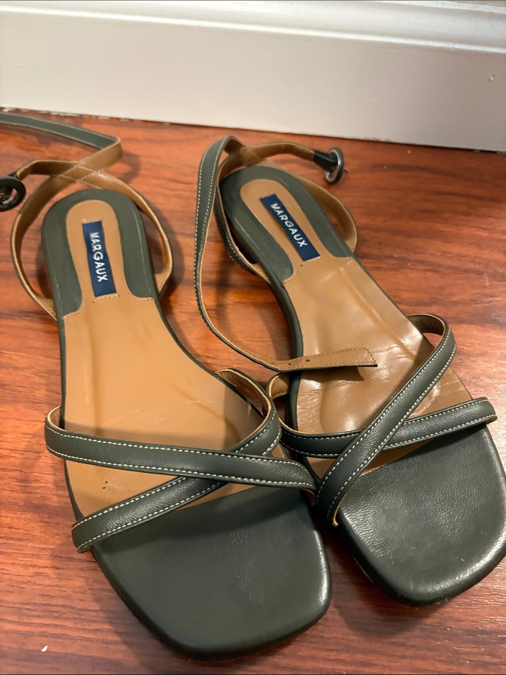 Margaux Olive Green Leather Strappy Sandals with Tan Footbed